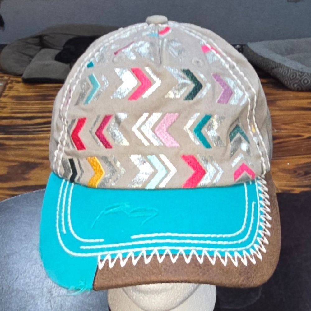Catchfly Womens Southwestern Arrow Embroidered Baseball Cap Tan‎ Turquoise Hat